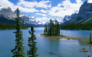 Lake mountains trees island fish - a few fish free wallpaper