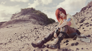 Red haired woman beach helmet - apocalyptic free wallpaper