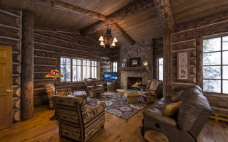 Living room cozy fireplace wooden - free winter wallpaper
