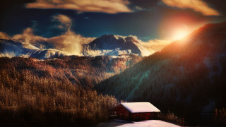 Mountain house sunset clouds landscape - david martin free wallpaper