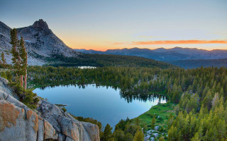 Lake mountains trees sunset landscape - bob ross free wallpaper