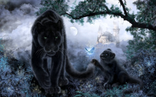 Cat monkey forest castle butterfly - matte fantasy painting free wallpaper for desktop