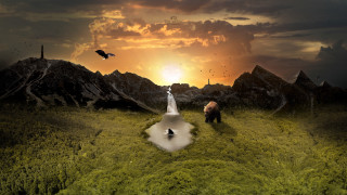 Animals lake mountains green field - a couple of animals free wallpaper