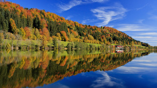 Lake trees house blue sky 2 - avgust černigoj free wallpaper