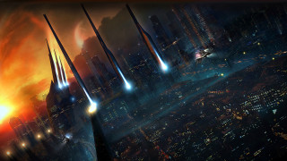 Futuristic city night orange sky - chris moore free wallpaper