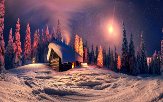Cabin snowy forest night full - magical atmosphere free wallpaper