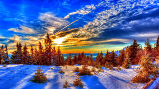 Sunset snowy landscape trees blue - bob ross free wallpaper