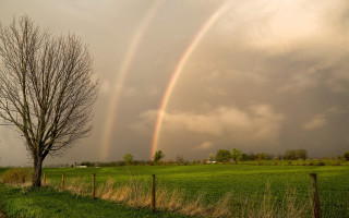 Rainbow field tree fence house - over a field free wallpaper