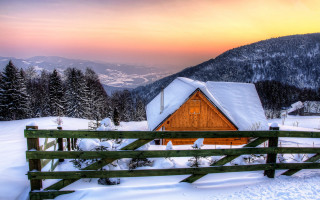 Snowy mountain cabin sunset forest 2 - the mountain free wallpaper