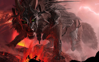 Demonic creature green eyes red 2 - fantasy concept art free wallpaper