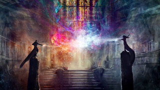 Stairway statues lightball staircase painting - a staircase free wallpaper