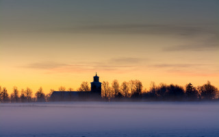 Church foggy field sunset trees - mist free wallpaper