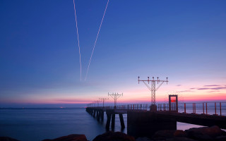 Pier plane sunset contrails water 4 - bian jingzhao free wallpaper