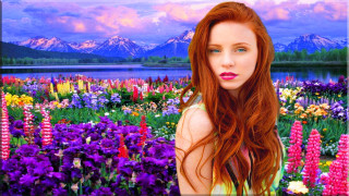 Woman red hair flower field 2 - the background and a lake in the foreground free wallpaper