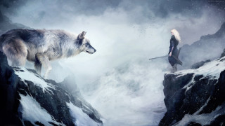 Woman mountain wolf cliff sword - a wolf free wallpaper