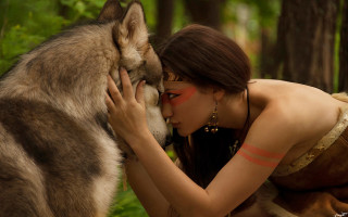 Woman kissing wolf red white - painted free wallpaper