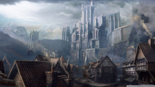 City buildings mountain clouds sky - a painting of a city free wallpaper