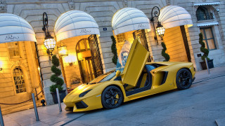 Yellow sports car night city 3 - the door open free wallpaper
