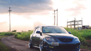 Car field powerlines sunset clouds - a sky free wallpaper
