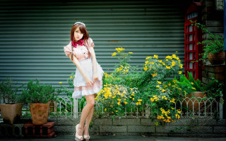 Woman dress scarf flower fence - a building free wallpaper