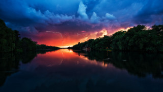 Sunset lake lightning trees sky - thunderstorm free wallpaper