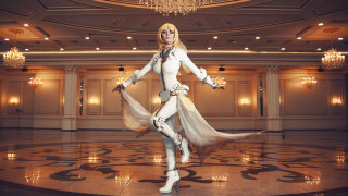 Woman dancing white outfit chandeliers - a floor free wallpaper