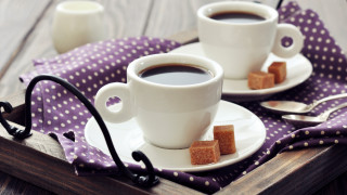 Two coffee cups tray spoons - a tray free wallpaper