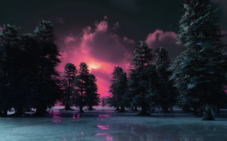 Sunset forest reflection synthwave nature - synthwave style free wallpaper