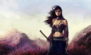Woman sword field grass mountains - epic fantasy character art free wallpaper