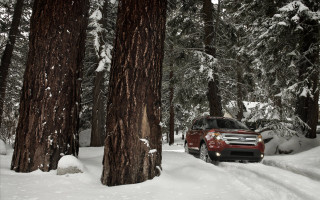 Red truck snowy forest tilt - pathfinder free wallpaper