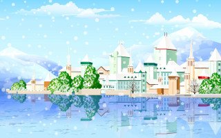 Snowy city lake trees mountains - snow free wallpaper for desktop