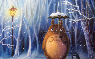 Cat umbrella snow aurora moon - ghibli free wallpaper