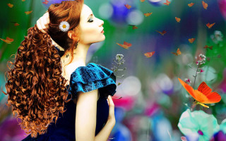Red haired woman butterfly field - her hair free wallpaper for desktop