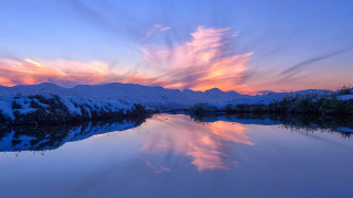 Lake mountain sunset clouds urban - widescreen free wallpaper for desktop