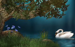 White swan pond tree flowers - matte fantasy painting free wallpaper for desktop