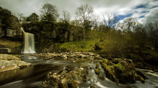 Waterfall forest mountain nature river - a waterfall in the middle of it free wallpaper