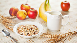 Bowl cereal cup milk fruit - a tablecloth free wallpaper
