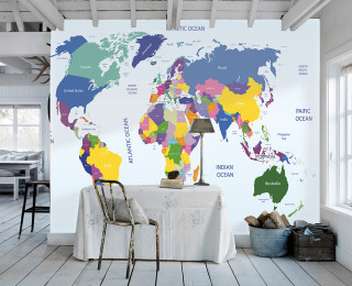 World map room table chairs - maximalism free wallpaper