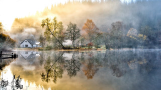Lake house trees fog sunset - a house and trees free wallpaper for desktop