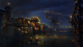 City night bridge embers lanterns - a painting of a city free wallpaper