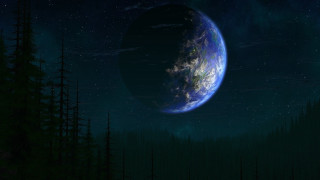 Sky planet trees stars moon - anamorphic free wallpaper for desktop
