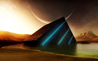 Futuristic beach mountain moon fantasy - a futuristic building free wallpaper