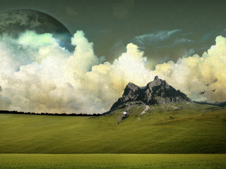 Mountain range green field bird - a green field below free wallpaper