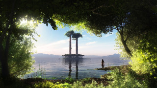 Water tree lake sunset forest - matte painting concept art free wallpaper for desktop