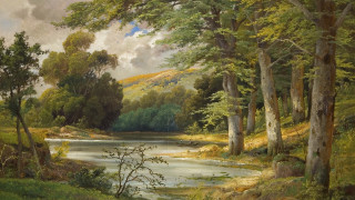 River forest sky nature painting - thomas kindkade free wallpaper