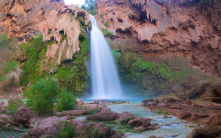 Waterfall canyon vegetation rocks nature - free mountains wallpaper