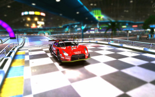 Red sports car checkered road - virtual free wallpaper