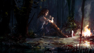 Woman sitting by campfire forest - game art free wallpaper