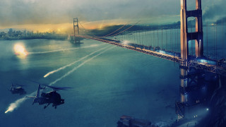 Bridge plane city sunset matte - matte painting concept art free wallpaper