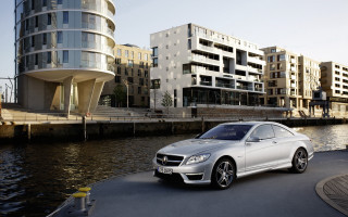 Silver car road water buildings - vray free wallpaper